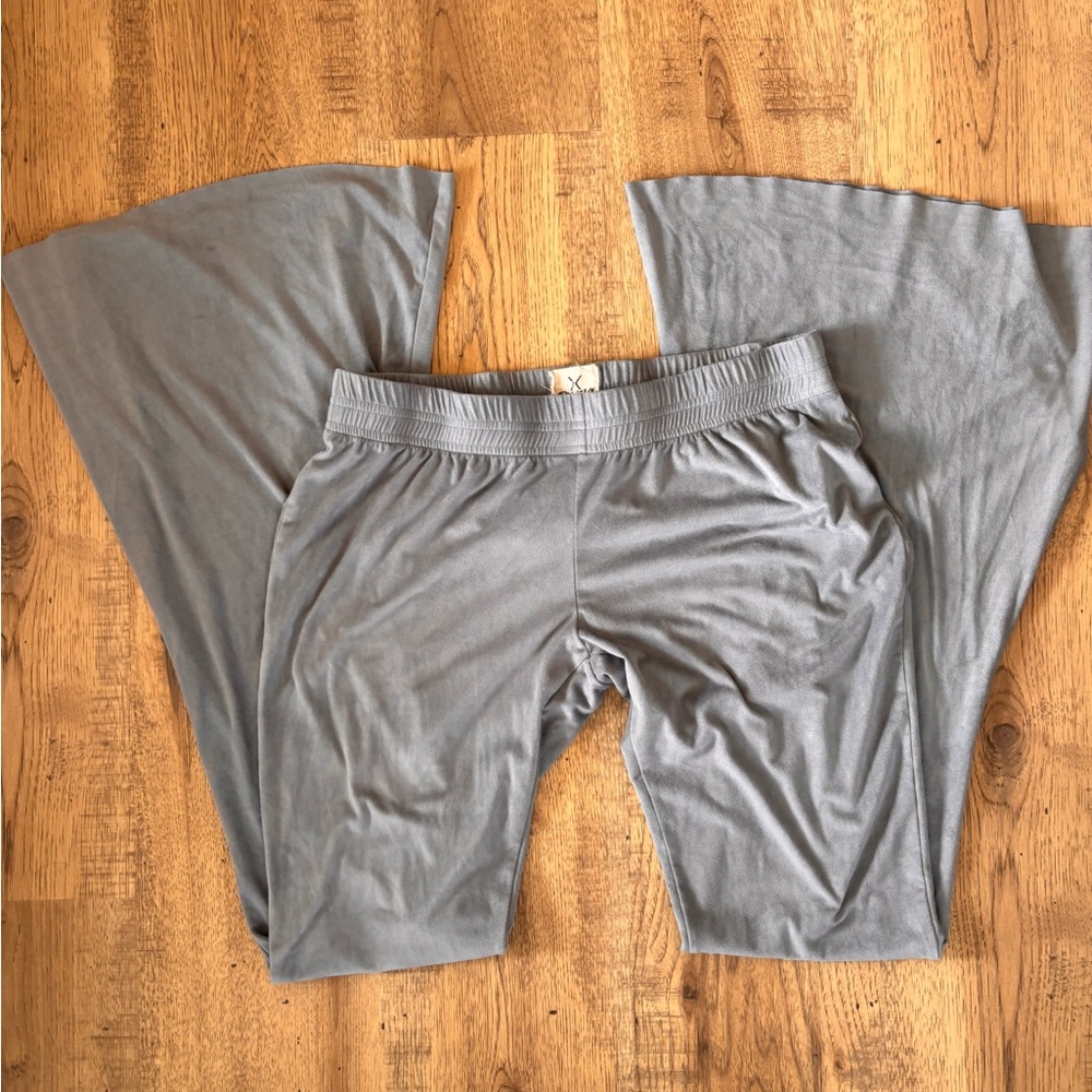 Tribe Kelley suede flare bell bottom pants size Large light blue silver